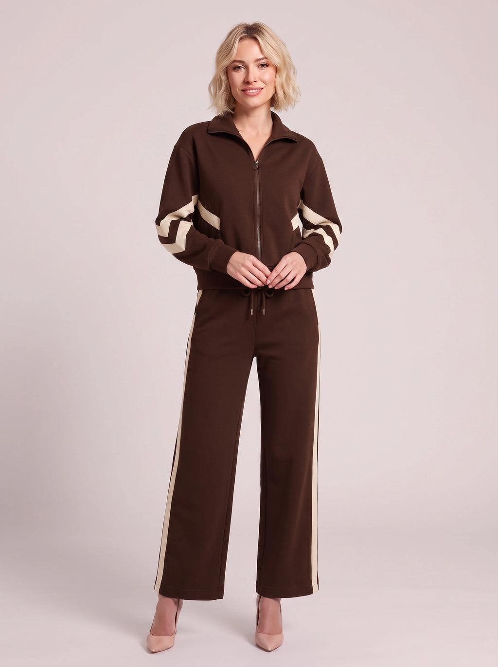 Chevelle Zip-Up Tracksuit Co-Ord Set – Striped Wide-Leg Trouser Women Loungewear Autumn Casual Athleisure Tracksuit
