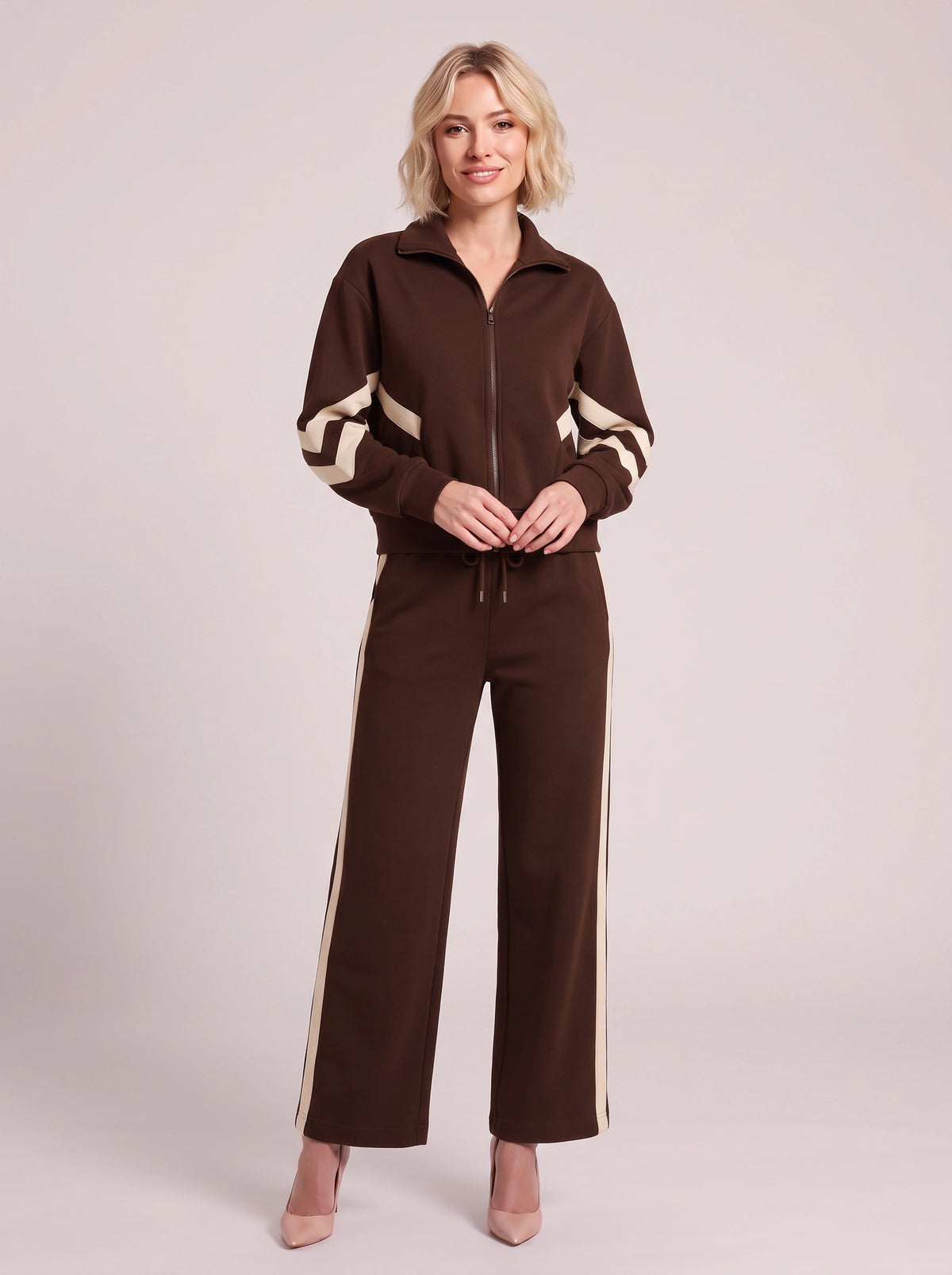 Chevelle Zip-Up Tracksuit Co-Ord Set – Striped Wide-Leg Trouser Women Loungewear Autumn Casual Athleisure Tracksuit