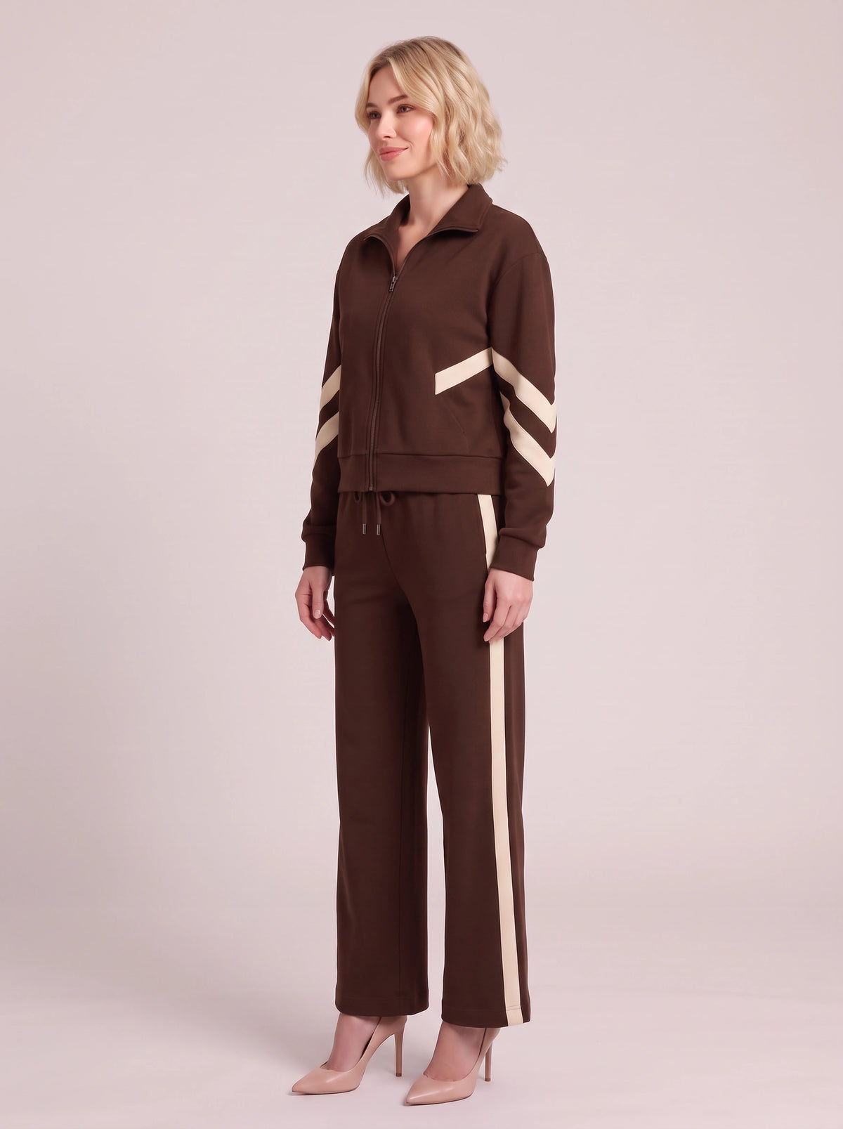 Chevelle Zip-Up Tracksuit Co-Ord Set – Striped Wide-Leg Trouser Women Loungewear Autumn Casual Athleisure Tracksuit