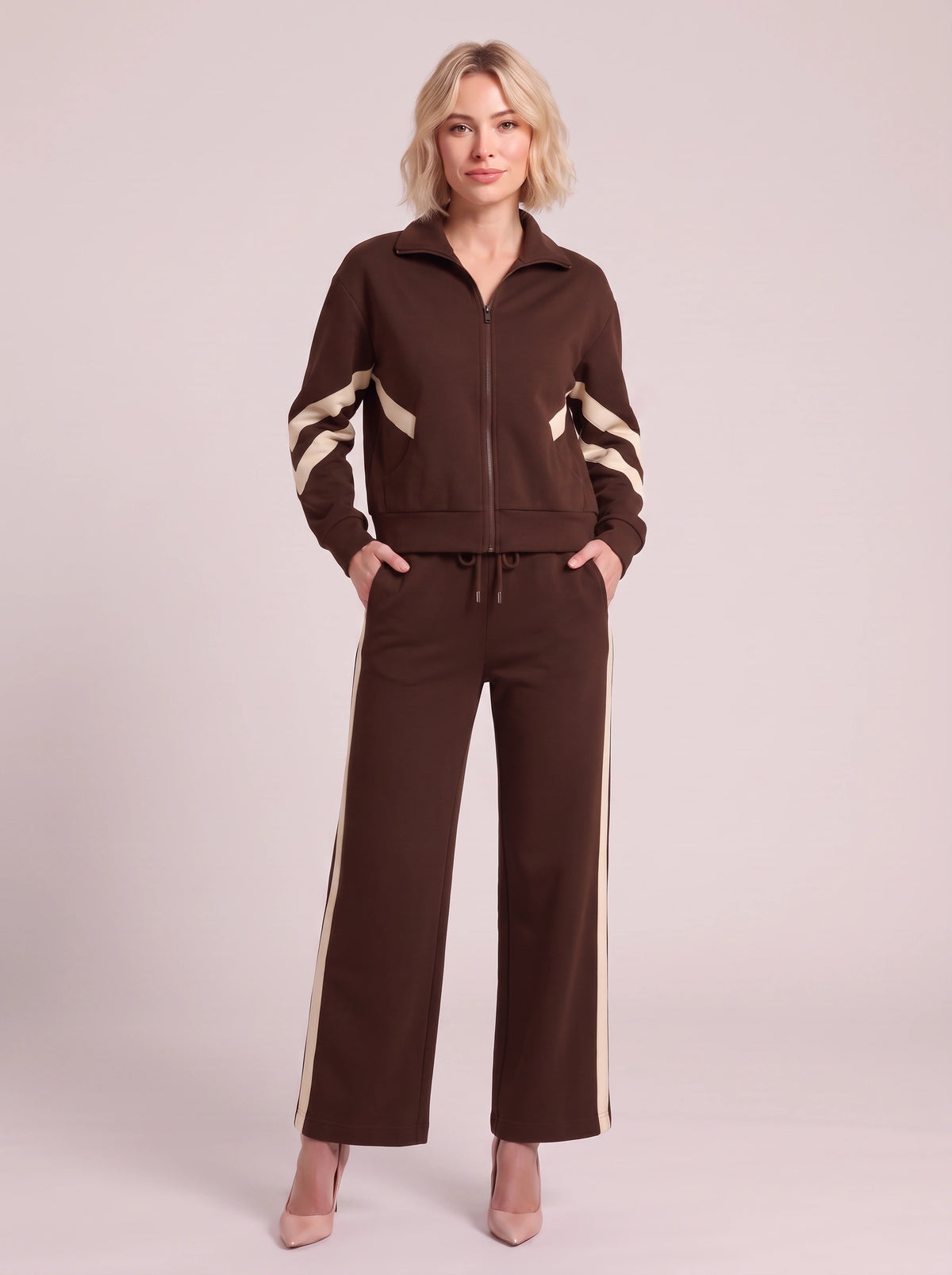 Chevelle Zip-Up Tracksuit Co-Ord Set – Striped Wide-Leg Trouser Women Loungewear Autumn Casual Athleisure Tracksuit