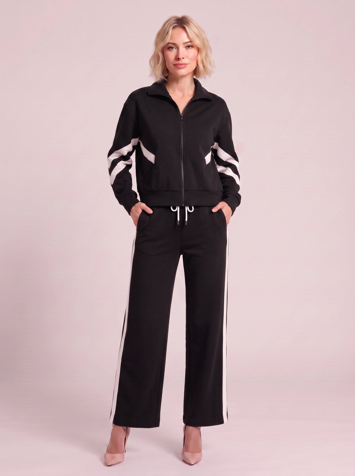 Chevelle Zip-Up Tracksuit Co-Ord Set – Striped Wide-Leg Trouser Women Loungewear Autumn Casual Athleisure Tracksuit