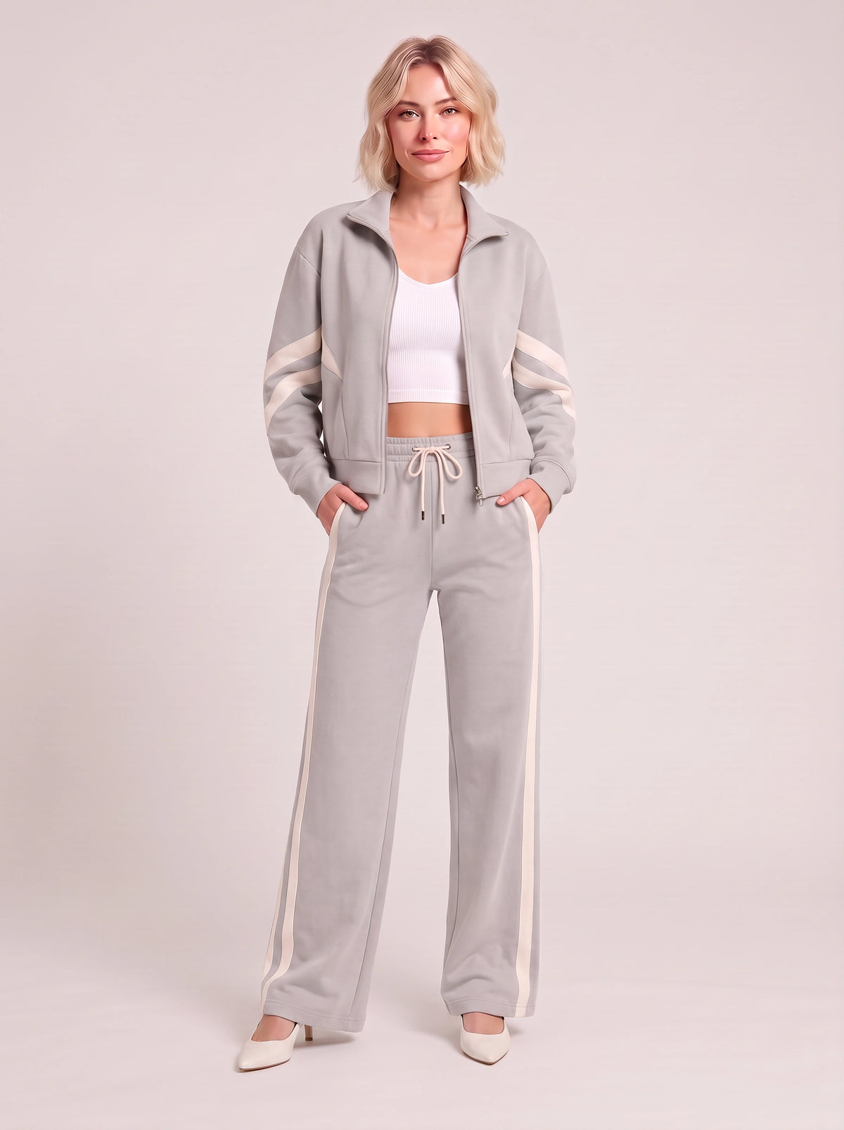 Chevelle Zip-Up Tracksuit Co-Ord Set – Striped Wide-Leg Trouser Women Loungewear Autumn Casual Athleisure Tracksuit