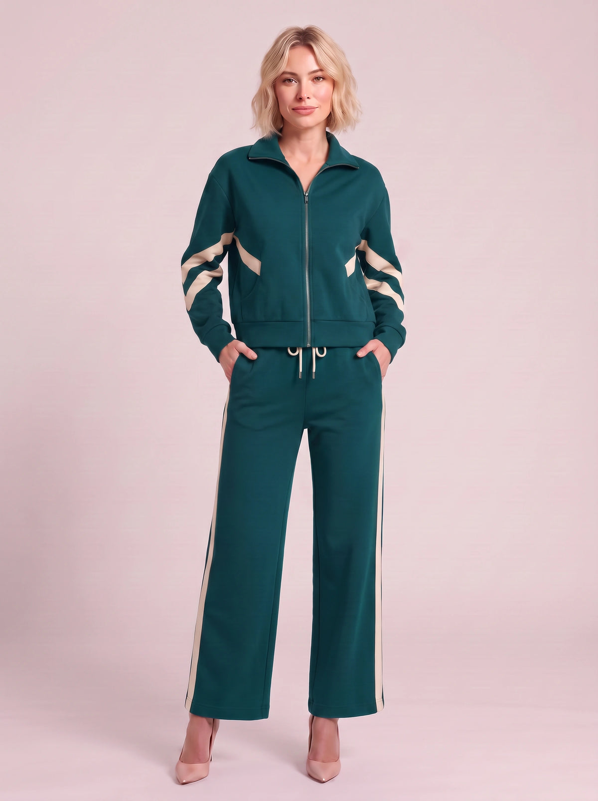 Chevelle Zip-Up Tracksuit Co-Ord Set – Striped Wide-Leg Trouser Women Loungewear Autumn Casual Athleisure Tracksuit