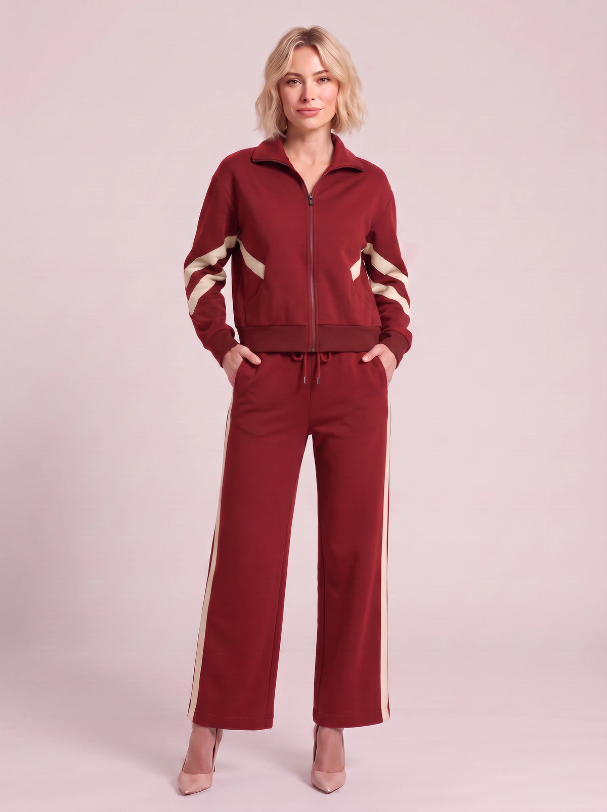 Chevelle Zip-Up Tracksuit Co-Ord Set – Striped Wide-Leg Trouser Women Loungewear Autumn Casual Athleisure Tracksuit