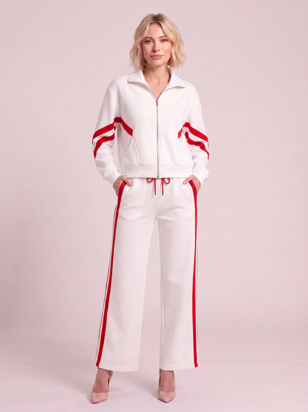 Chevelle Zip-Up Tracksuit Co-Ord Set – Striped Wide-Leg Trouser Women Loungewear Autumn Casual Athleisure Tracksuit