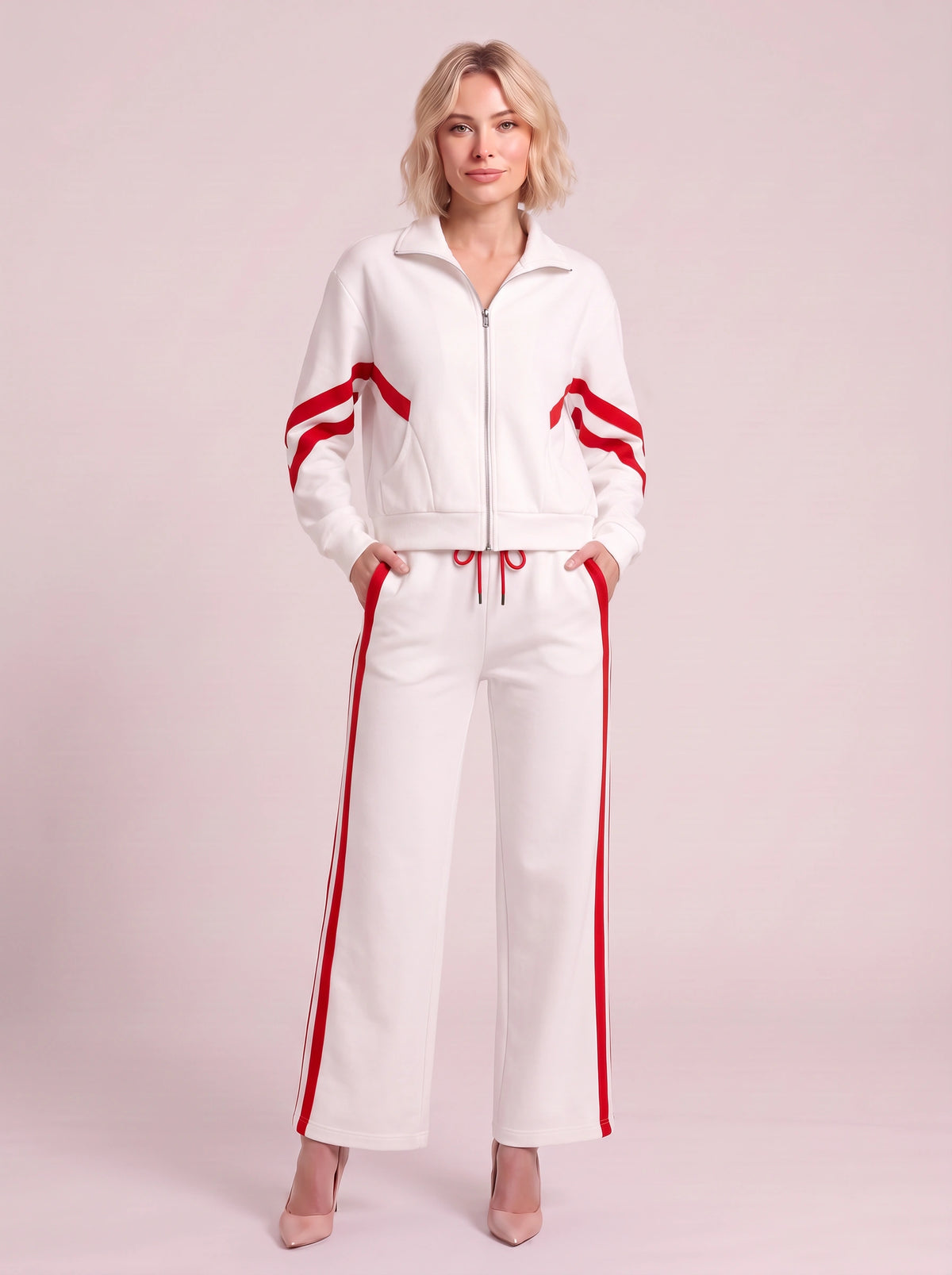 Chevelle Zip-Up Tracksuit Co-Ord Set – Striped Wide-Leg Trouser Women Loungewear Autumn Casual Athleisure Tracksuit
