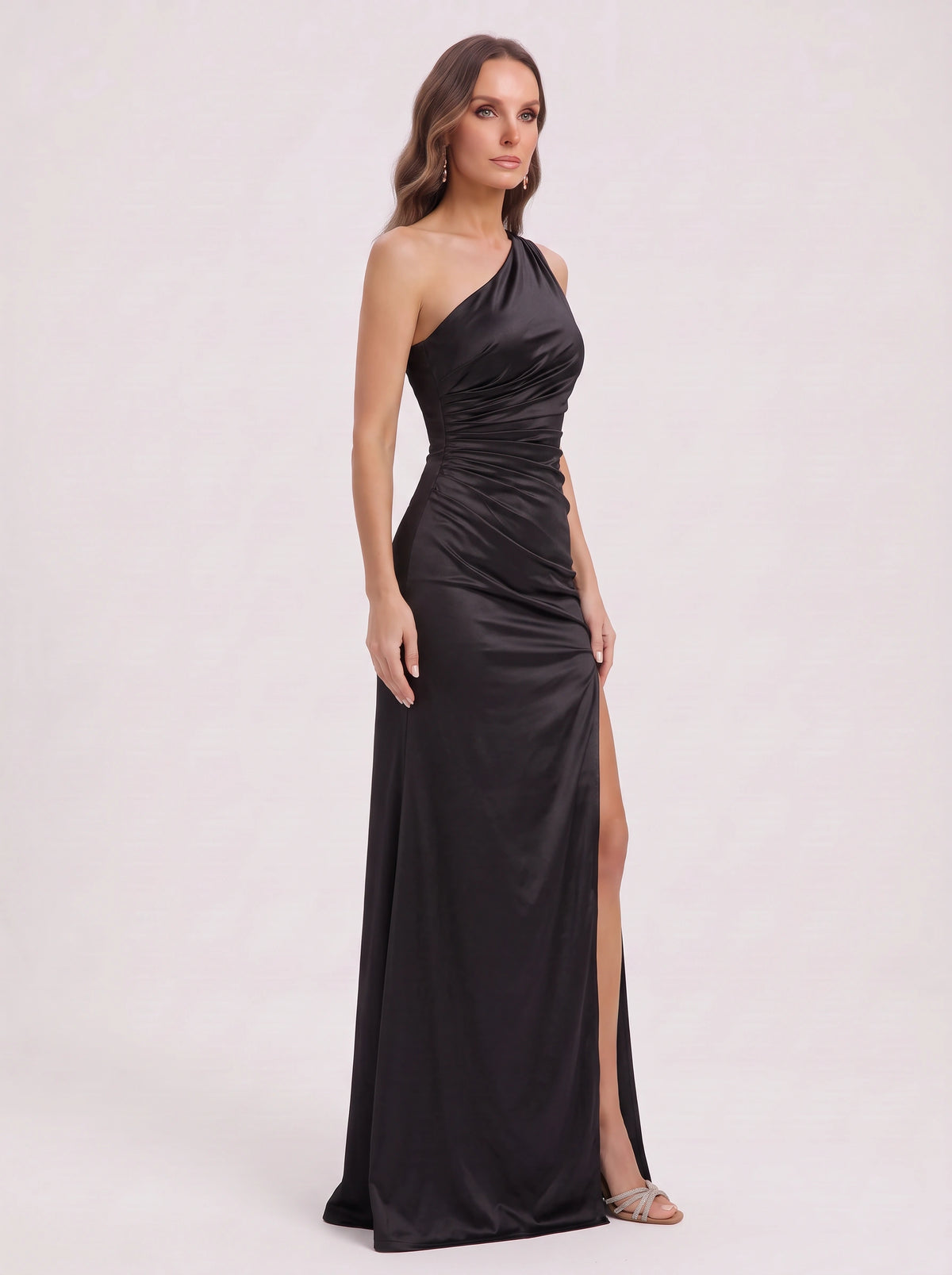 Cumbrae One-Shoulder Ruched Maxi Dress – Satin Evening Women Formal Wedding Guest Party Occasion Maxi Dress