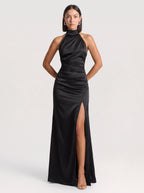 Ruchawra High Neck Halter Maxi Dress – Satin Ruched Women Formal Evening Wedding Guest Thigh Split Maxi Dress