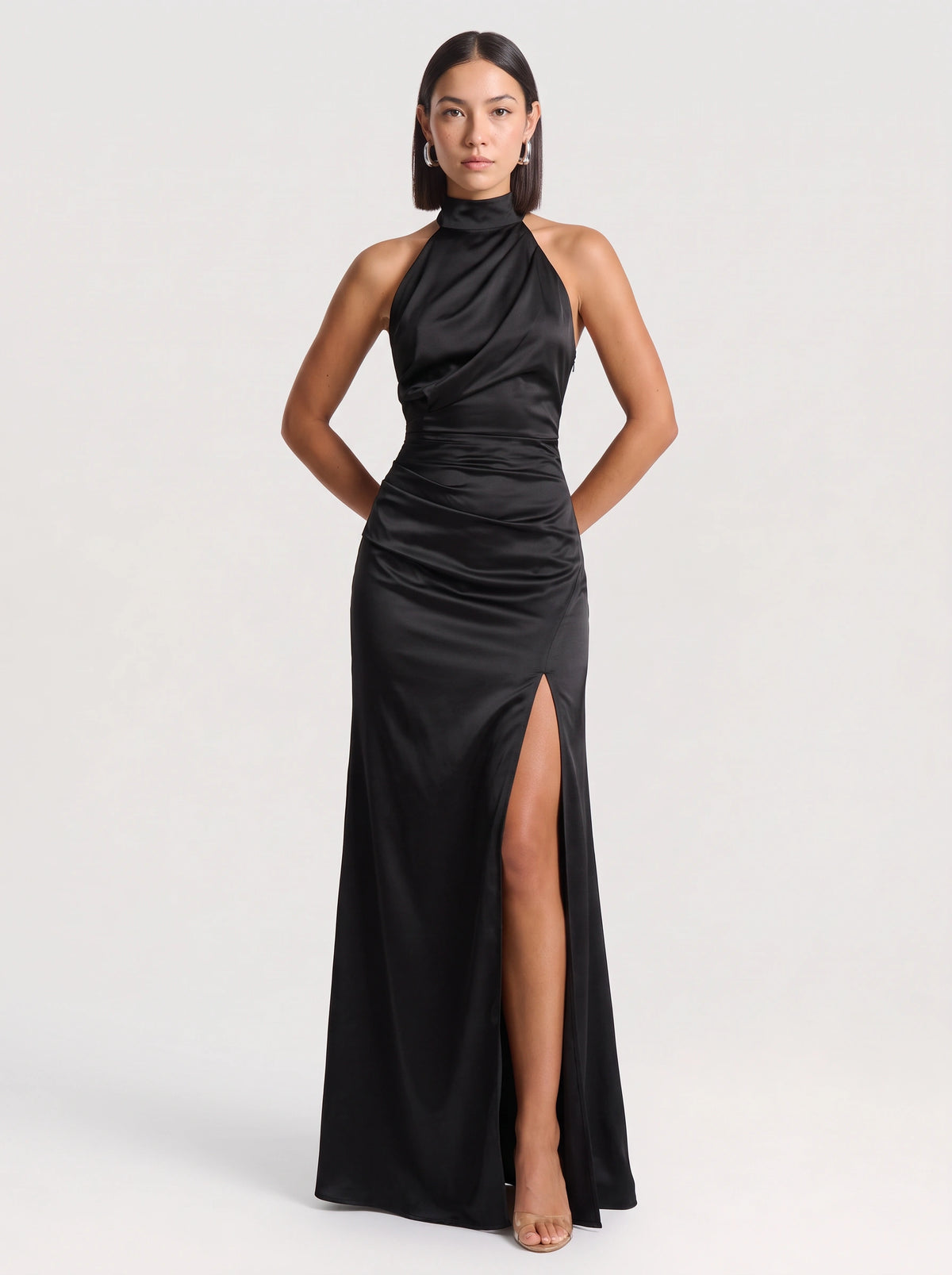 Ruchawra High Neck Halter Maxi Dress – Satin Ruched Women Formal Evening Wedding Guest Thigh Split Maxi Dress