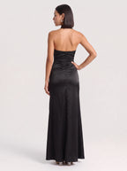 Ruchawra High Neck Halter Maxi Dress – Satin Ruched Women Formal Evening Wedding Guest Thigh Split Maxi Dress