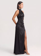 Ruchawra High Neck Halter Maxi Dress – Satin Ruched Women Formal Evening Wedding Guest Thigh Split Maxi Dress