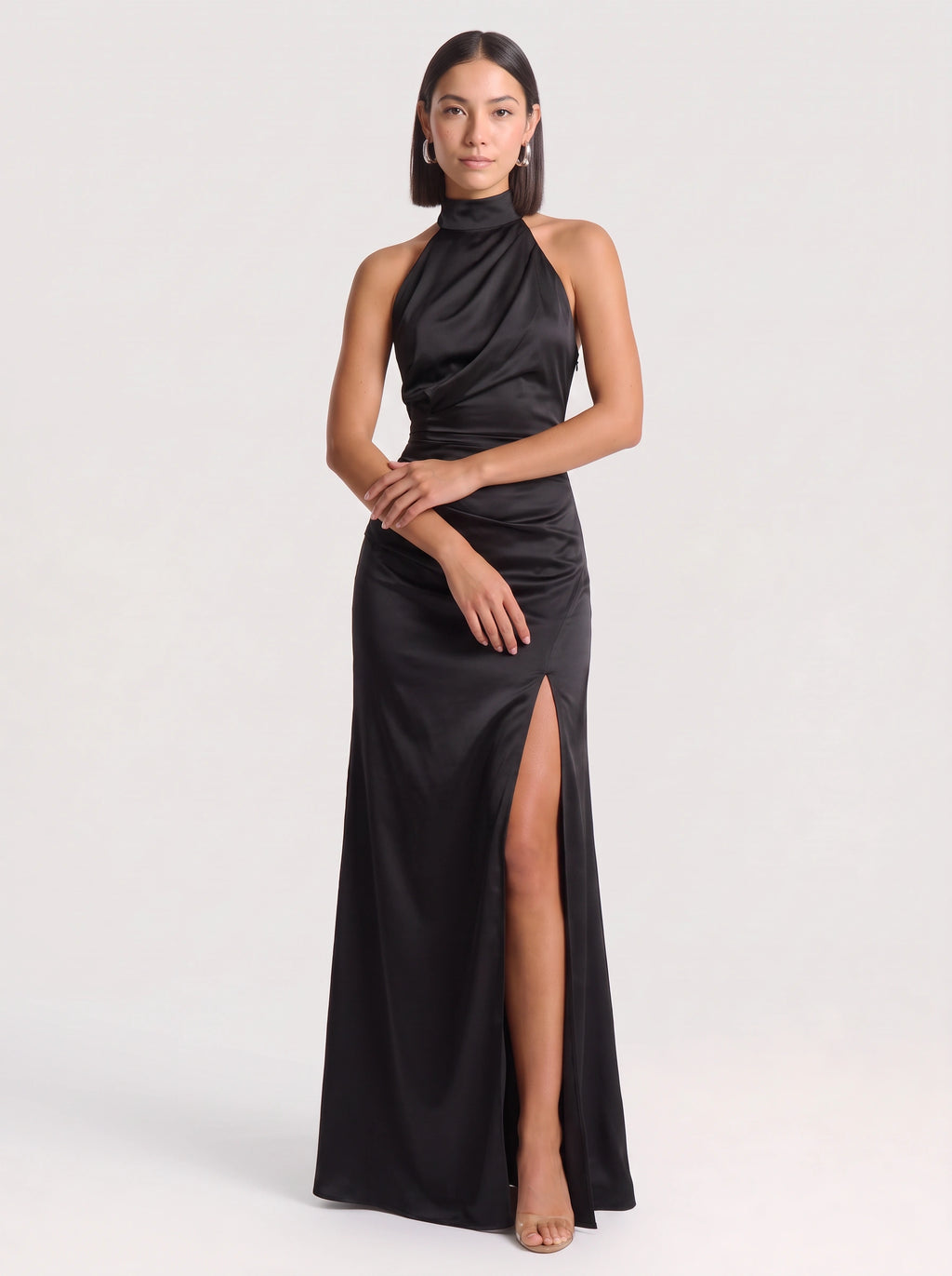 Ruchawra High Neck Halter Maxi Dress – Satin Ruched Women Formal Evening Wedding Guest Thigh Split Maxi Dress