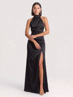 Ruchawra High Neck Halter Maxi Dress – Satin Ruched Women Formal Evening Wedding Guest Thigh Split Maxi Dress