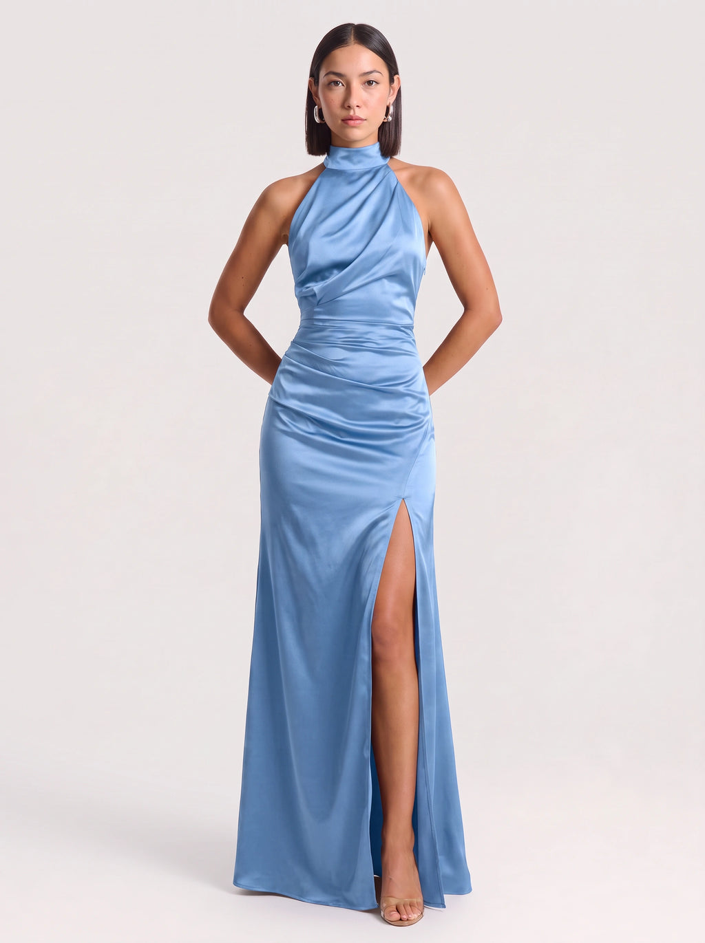 Ruchawra High Neck Halter Maxi Dress – Satin Ruched Women Formal Evening Wedding Guest Thigh Split Maxi Dress