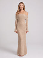 Wraplyn Off-Shoulder Sequin Maxi Dress – Sparkle Evening Party Women Formal Bardot Long Sleeve Maxi Dress
