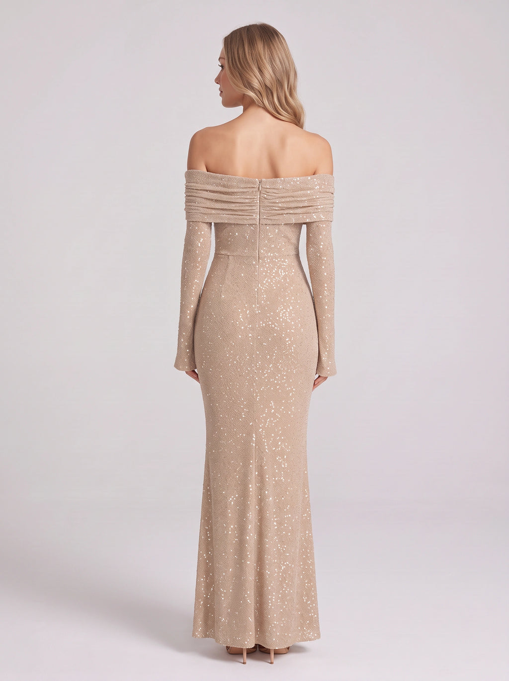 Wraplyn Off-Shoulder Sequin Maxi Dress – Sparkle Evening Party Women Formal Bardot Long Sleeve Maxi Dress