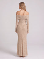 Wraplyn Off-Shoulder Sequin Maxi Dress – Sparkle Evening Party Women Formal Bardot Long Sleeve Maxi Dress