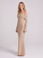 Wraplyn Off-Shoulder Sequin Maxi Dress – Sparkle Evening Party Women Formal Bardot Long Sleeve Maxi Dress