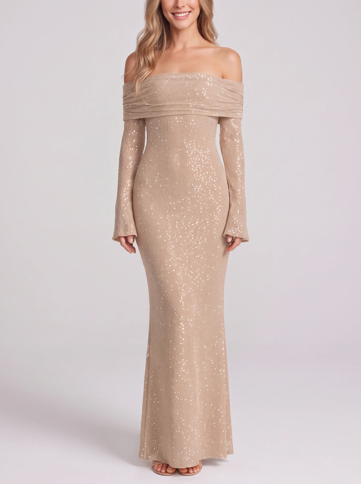 Wraplyn Off-Shoulder Sequin Maxi Dress – Sparkle Evening Party Women Formal Bardot Long Sleeve Maxi Dress
