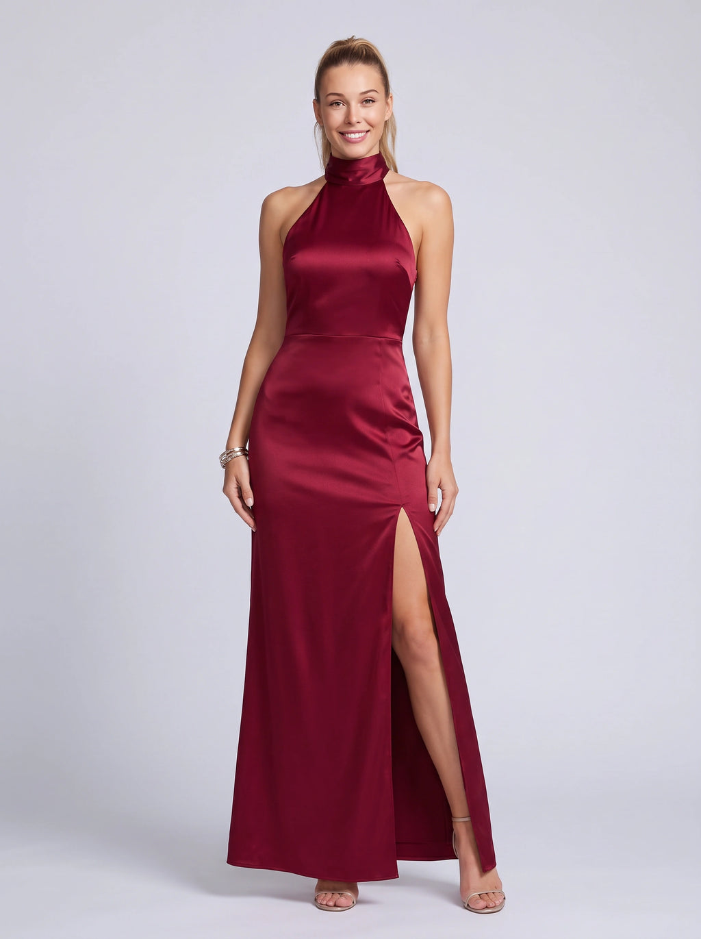 Halnara Halter Neck Maxi Dress – High Neck Satin Thigh Split Evening Women Formal Wedding Guest Maxi Dress