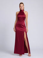 Halnara Halter Neck Maxi Dress – High Neck Satin Thigh Split Evening Women Formal Wedding Guest Maxi Dress