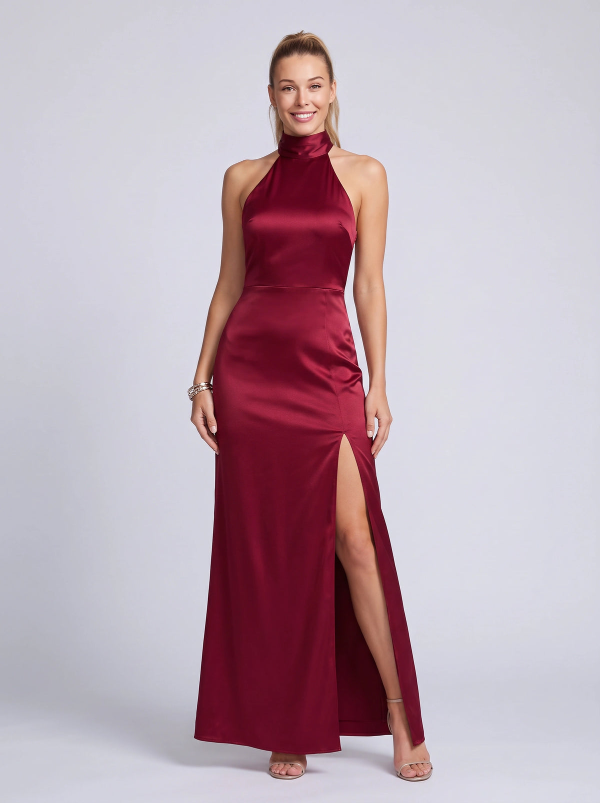 Halnara Halter Neck Maxi Dress – High Neck Satin Thigh Split Evening Women Formal Wedding Guest Maxi Dress