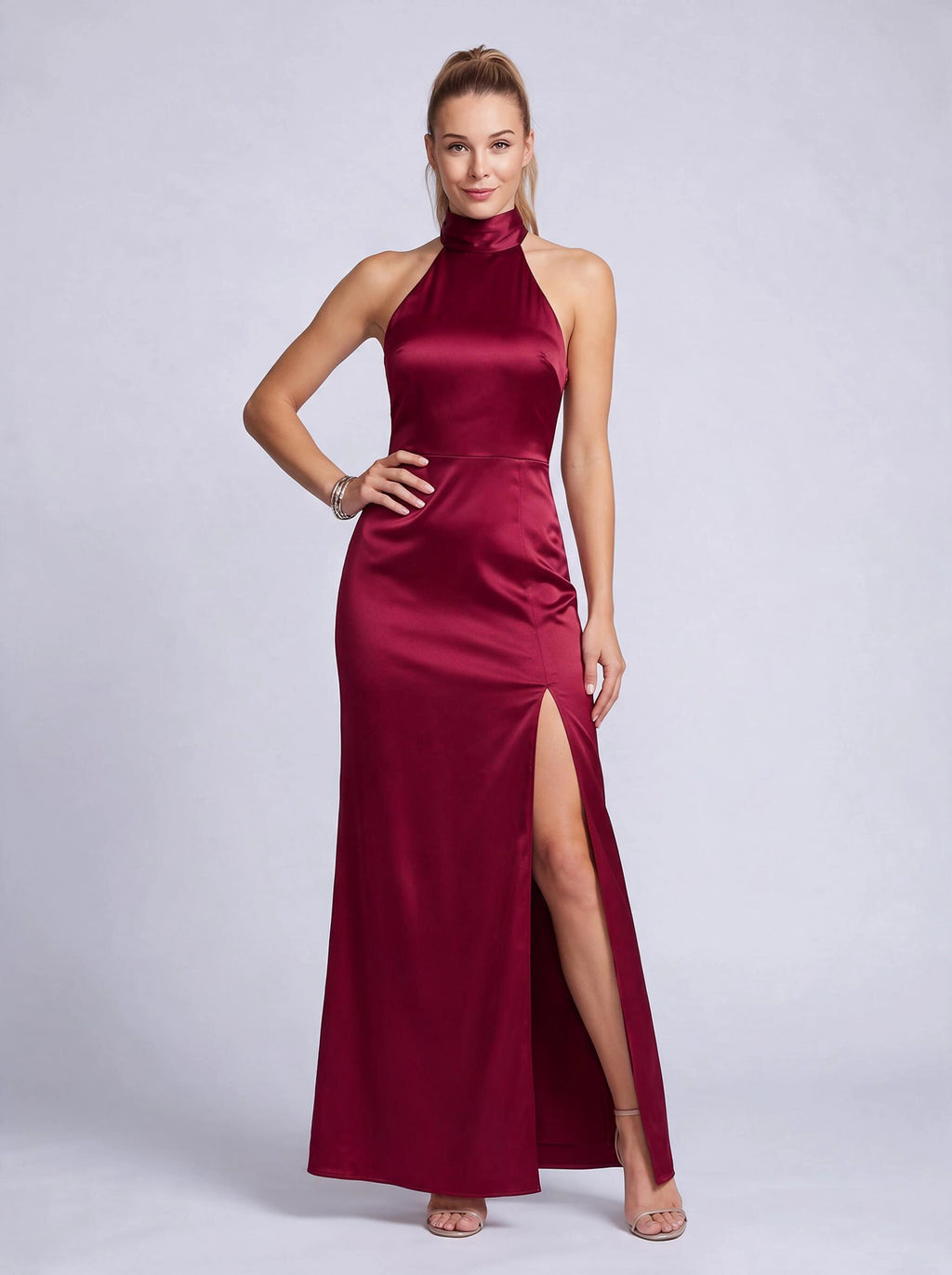 Halnara Halter Neck Maxi Dress – High Neck Satin Thigh Split Evening Women Formal Wedding Guest Maxi Dress