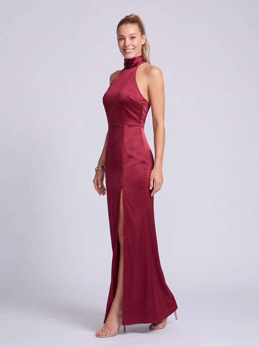 Halnara Halter Neck Maxi Dress – High Neck Satin Thigh Split Evening Women Formal Wedding Guest Maxi Dress