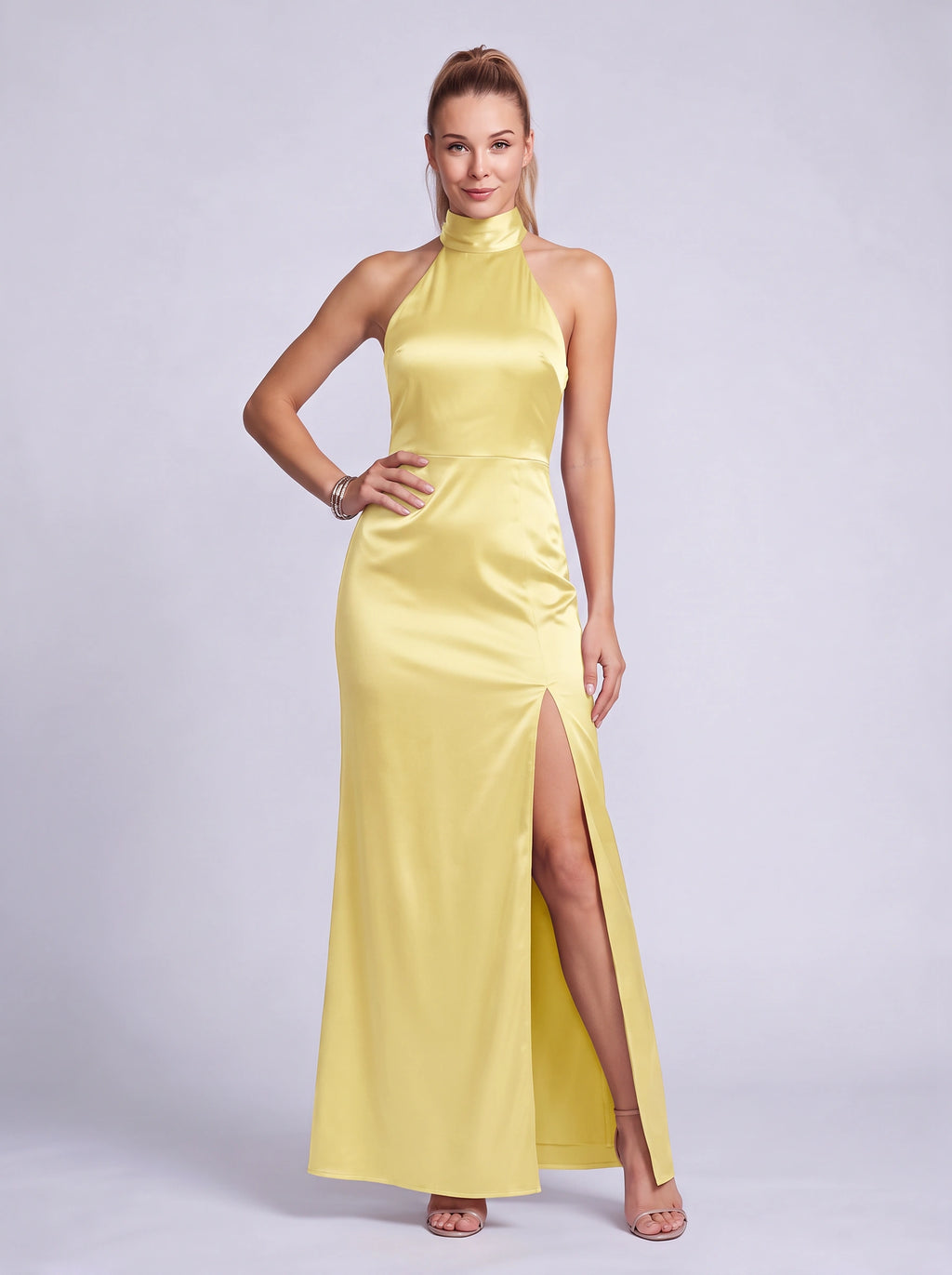 Halnara Halter Neck Maxi Dress – High Neck Satin Thigh Split Evening Women Formal Wedding Guest Maxi Dress