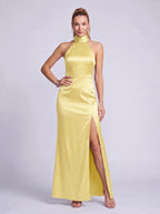 Halnara Halter Neck Maxi Dress – High Neck Satin Thigh Split Evening Women Formal Wedding Guest Maxi Dress