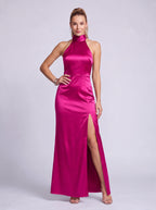 Halnara Halter Neck Maxi Dress – High Neck Satin Thigh Split Evening Women Formal Wedding Guest Maxi Dress