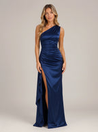 Ruchdia One-Shoulder Ruched Maxi Dress – Satin Evening Formal Wedding Guest Women Party Maxi Dress