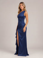 Ruchdia One-Shoulder Ruched Maxi Dress – Satin Evening Formal Wedding Guest Women Party Maxi Dress