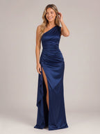 Ruchdia One-Shoulder Ruched Maxi Dress – Satin Evening Formal Wedding Guest Women Party Maxi Dress