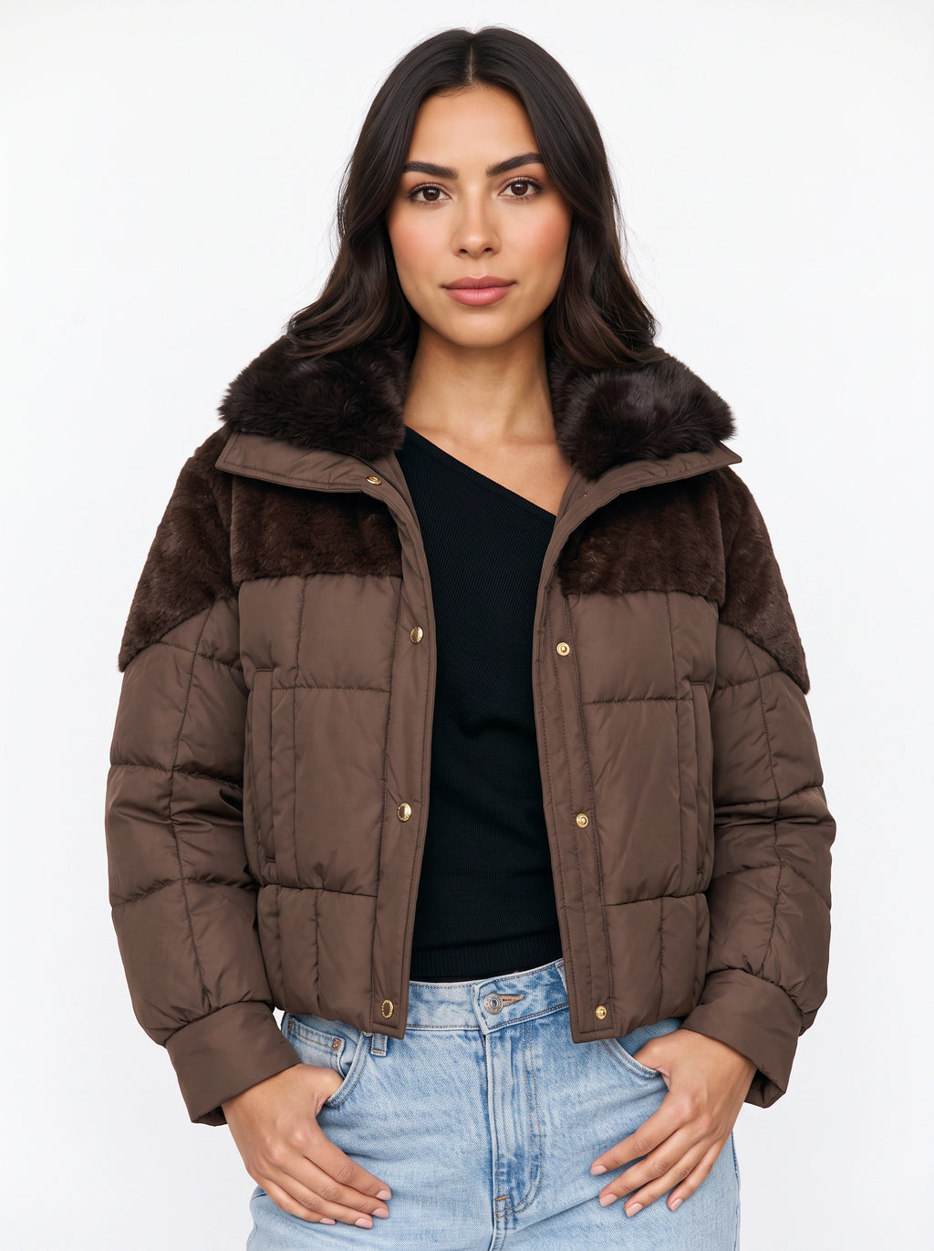 Furtima Faux Fur Collar Puffer Jacket – Quilted Padded Women Casual Winter Coat Cropped Outerwear