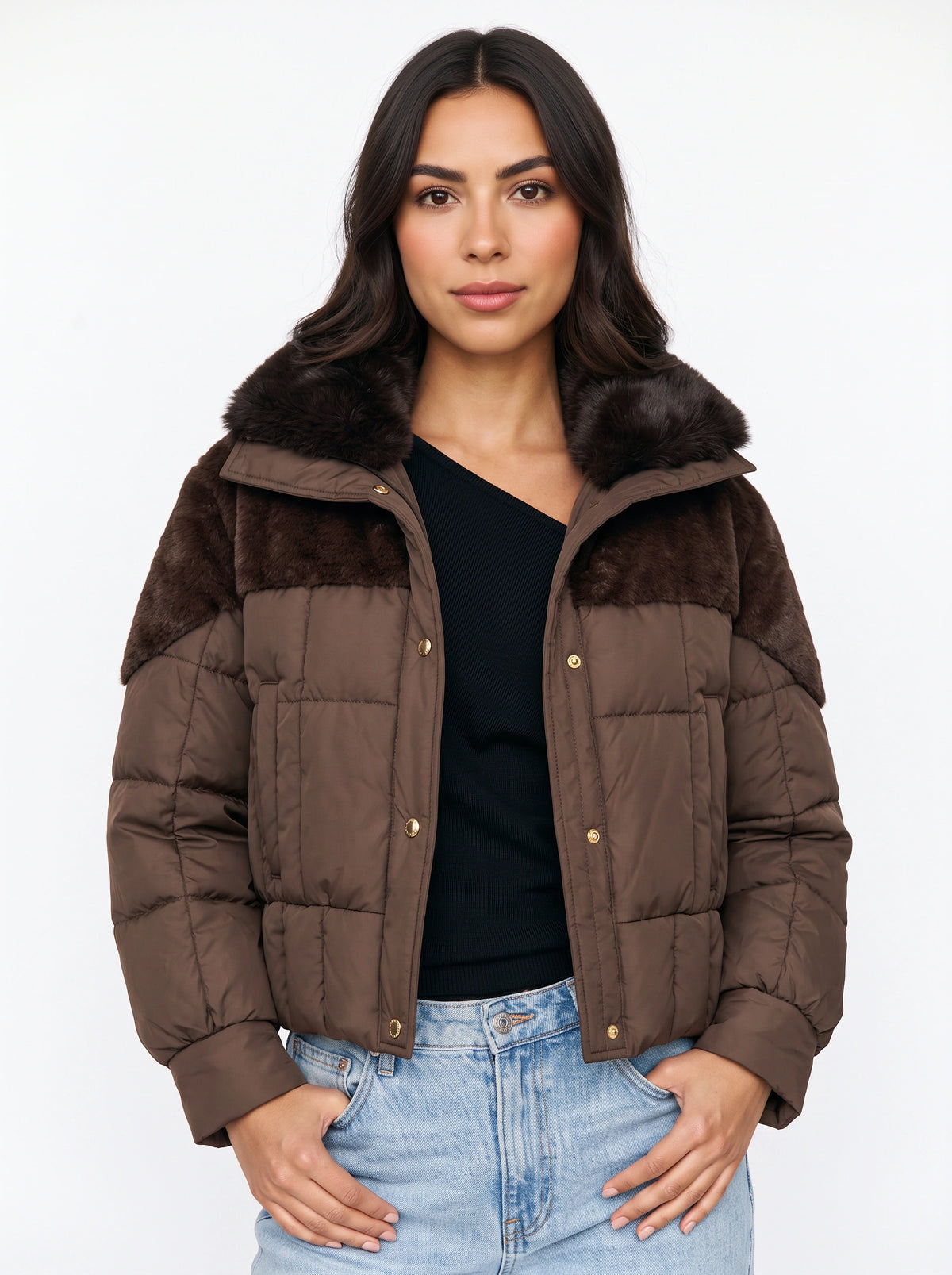 Furtima Faux Fur Collar Puffer Jacket – Quilted Padded Women Casual Winter Coat Cropped Outerwear