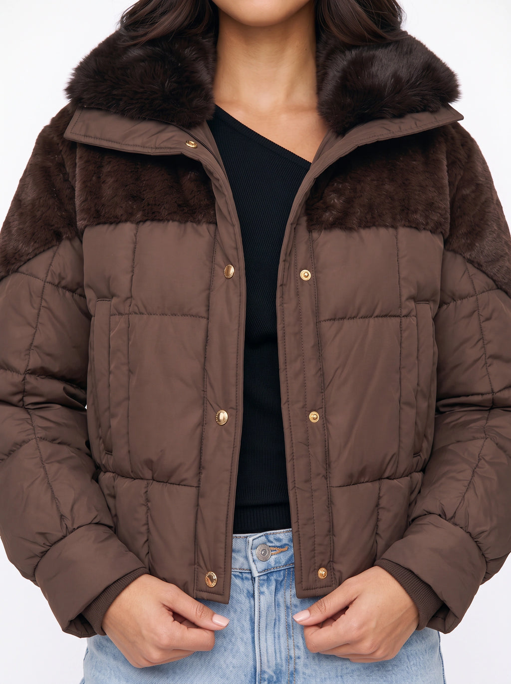 Furtima Faux Fur Collar Puffer Jacket – Quilted Padded Women Casual Winter Coat Cropped Outerwear