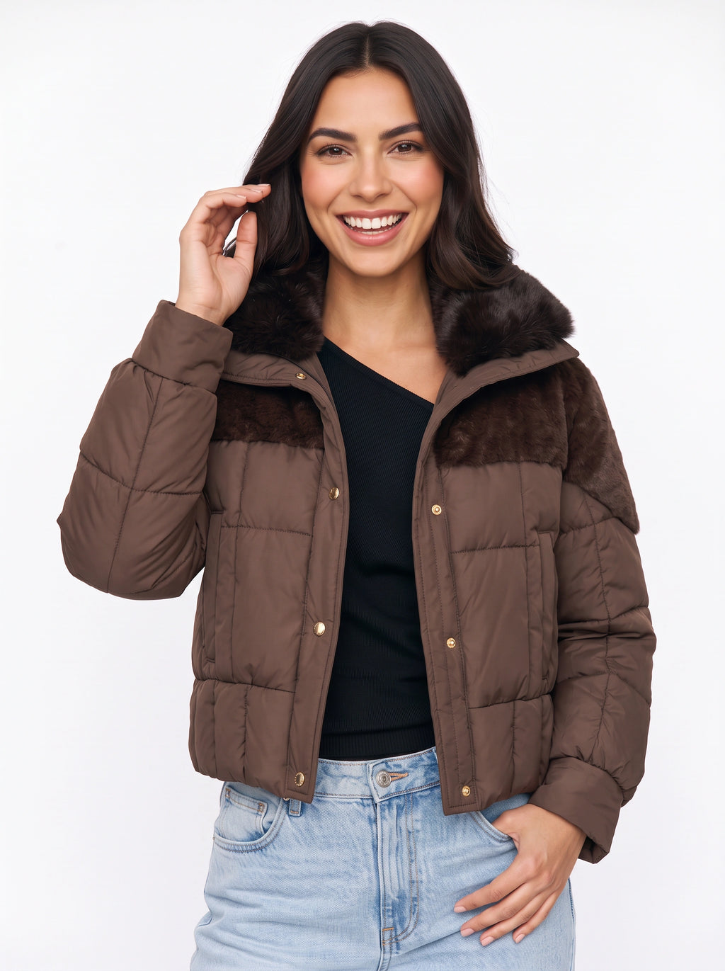 Furtima Faux Fur Collar Puffer Jacket – Quilted Padded Women Casual Winter Coat Cropped Outerwear