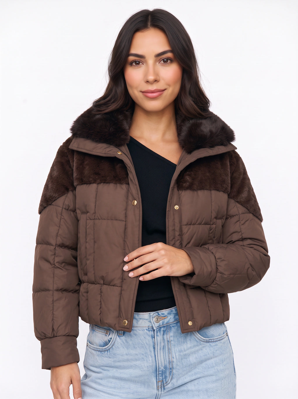 Furtima Faux Fur Collar Puffer Jacket – Quilted Padded Women Casual Winter Coat Cropped Outerwear