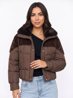 Furtima Faux Fur Collar Puffer Jacket – Quilted Padded Women Casual Winter Coat Cropped Outerwear