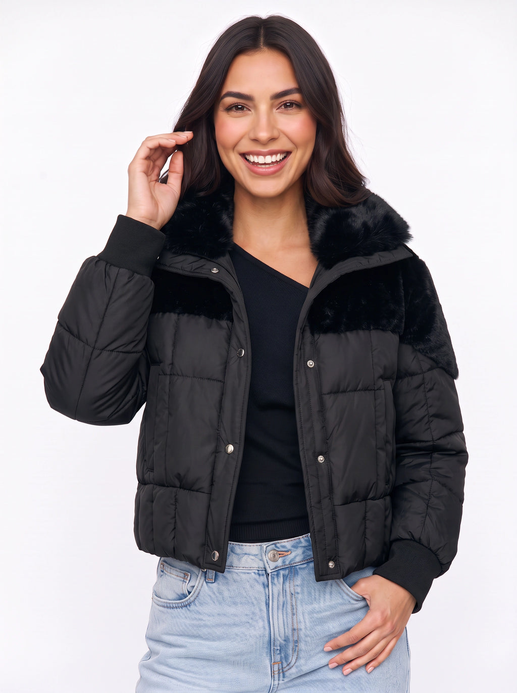 Furtima Faux Fur Collar Puffer Jacket – Quilted Padded Women Casual Winter Coat Cropped Outerwear