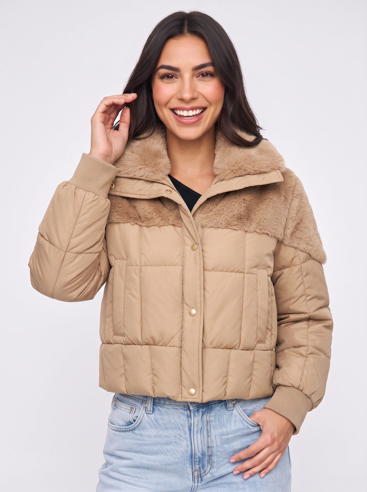 Furtima Faux Fur Collar Puffer Jacket – Quilted Padded Women Casual Winter Coat Cropped Outerwear