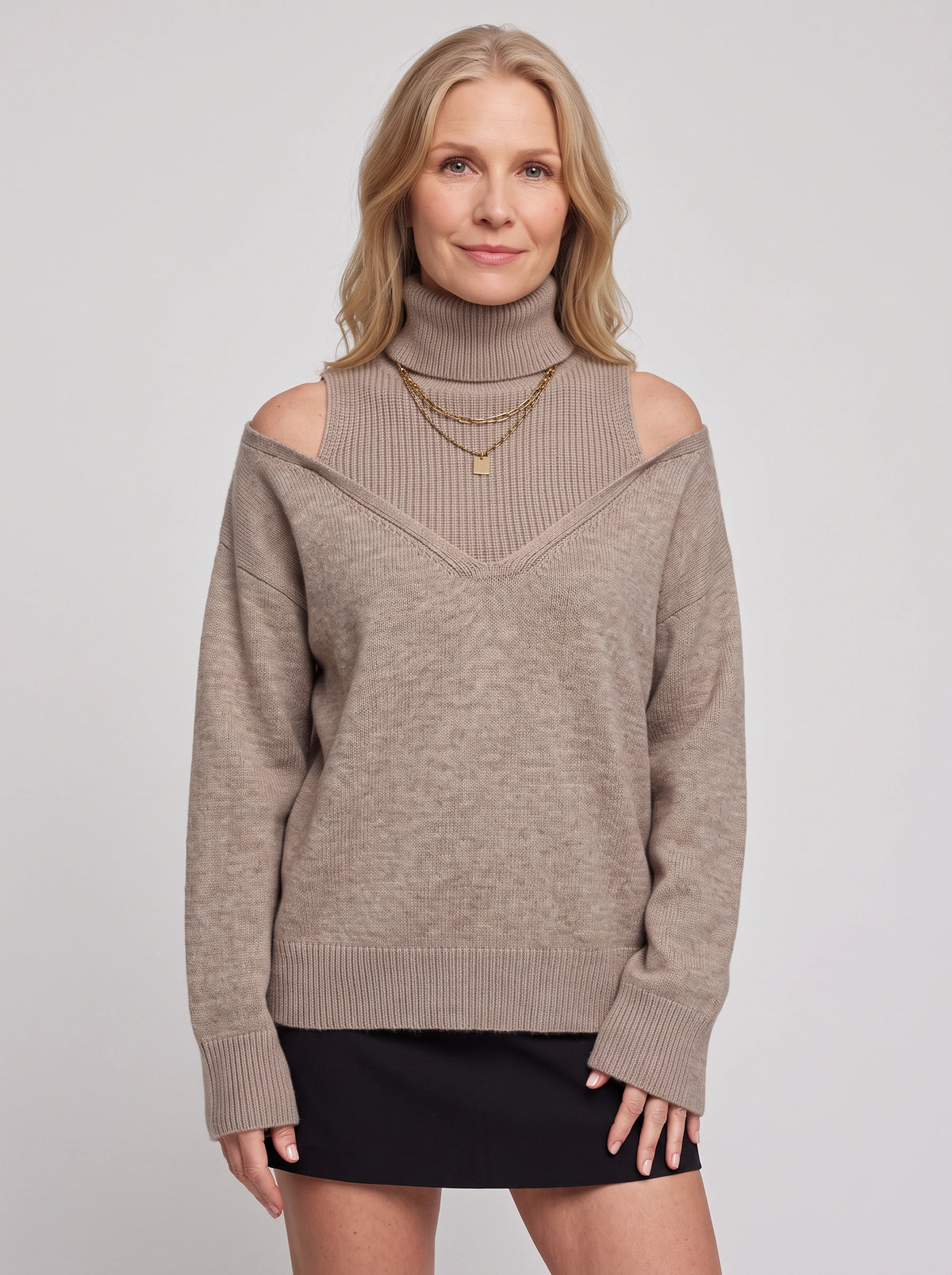 Koldra Cold-Shoulder Roll Neck Jumper – Ribbed Knit Women Layered Knitwear Autumn Casual Long Sleeve Top