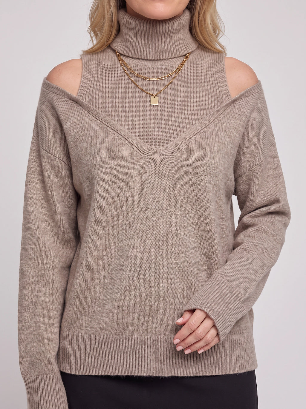 Koldra Cold-Shoulder Roll Neck Jumper – Ribbed Knit Women Layered Knitwear Autumn Casual Long Sleeve Top