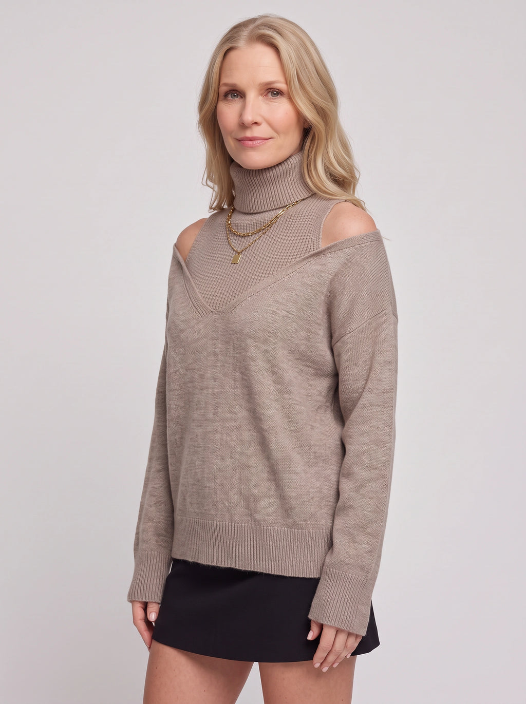 Koldra Cold-Shoulder Roll Neck Jumper – Ribbed Knit Women Layered Knitwear Autumn Casual Long Sleeve Top
