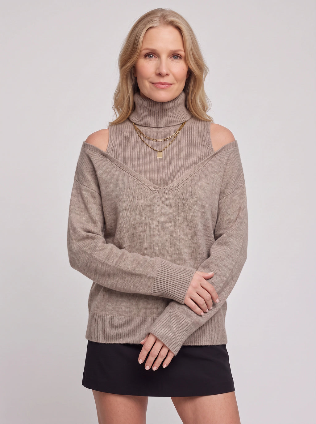Koldra Cold-Shoulder Roll Neck Jumper – Ribbed Knit Women Layered Knitwear Autumn Casual Long Sleeve Top