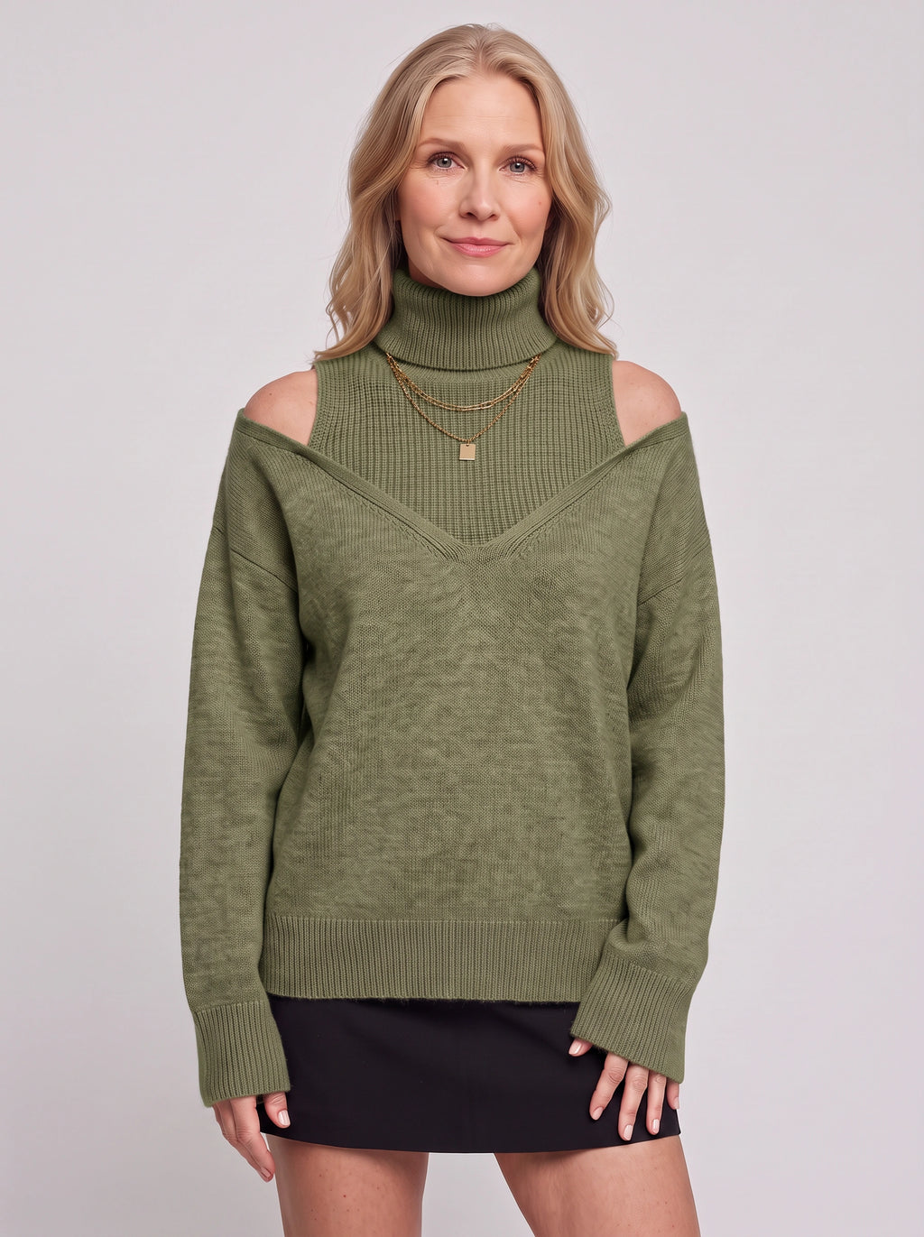 Koldra Cold-Shoulder Roll Neck Jumper – Ribbed Knit Women Layered Knitwear Autumn Casual Long Sleeve Top