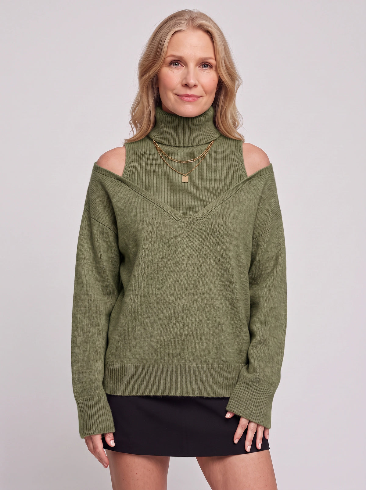 Koldra Cold-Shoulder Roll Neck Jumper – Ribbed Knit Women Layered Knitwear Autumn Casual Long Sleeve Top