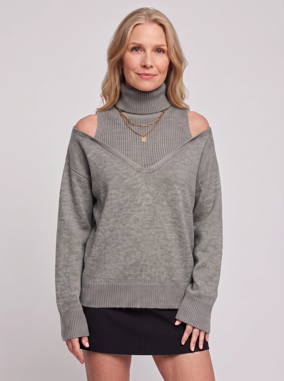 Koldra Cold-Shoulder Roll Neck Jumper – Ribbed Knit Women Layered Knitwear Autumn Casual Long Sleeve Top