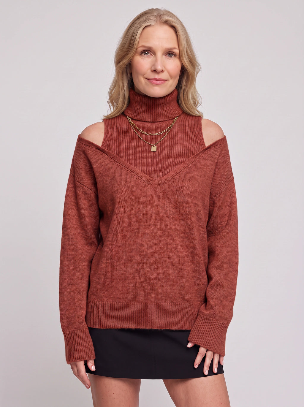 Koldra Cold-Shoulder Roll Neck Jumper – Ribbed Knit Women Layered Knitwear Autumn Casual Long Sleeve Top